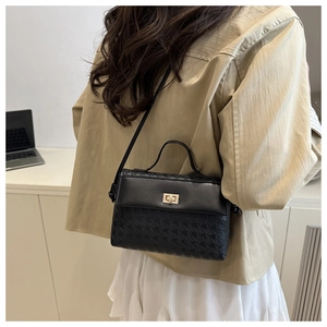 Detail of black houndstooth embossed texture and gold twist lock on stylish handbag