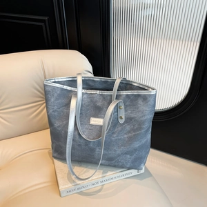 Grey textured large capacity tote bag with silver straps for casual office use