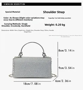 Detail showing dimensions of silver rhinestone evening clutch with ring handle and chain