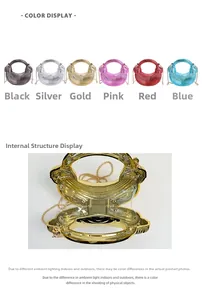 Detailed interior of a glossy semi-circle metallic evening clutch bag with chain strap