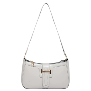 Chic light gray square shoulder bag with vintage gold buckle and minimalist design