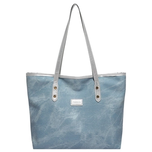 Blue cloud texture tote bag with silver fashion plaque and long shoulder straps