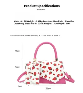 Pink strawberry print PU leather handbag set with dimensions and strap details