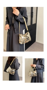 Three-way detail of shiny sequin shoulder bag showing scale texture and gold metal hooks