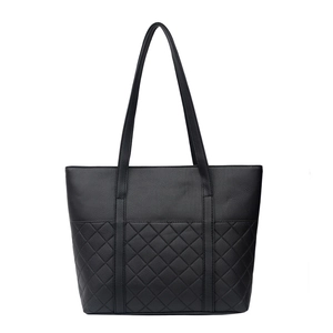Classic black faux leather tote bag with diamond quilted stitching and large capacity