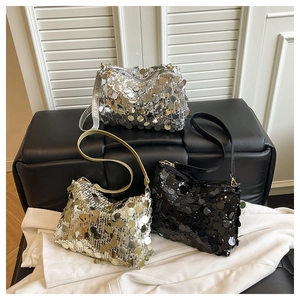 Detailed comparison of sequin shoulder bags in silver, gold, and black for evening parties