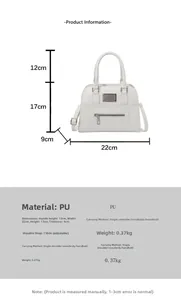 Detailed view of white PU leather bowling bag with dimensions 22x17x9cm and top handle