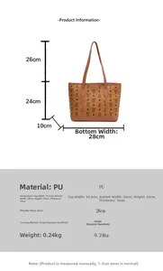 Detailed size guide with measurements for the brown monogram pattern tote bag