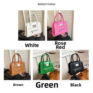 Collage of chic faux leather Boston bags in white, rose red, brown, green and black