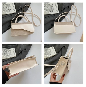 Detailed four-way view showing the beige box bag structure and glittery flap design