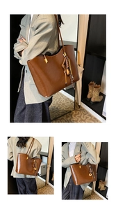 Detailed views of a large brown leather tote bag with vintage finish and tassel charm