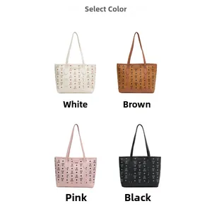 Detail grid showing tote bags in white, brown, pink and black with bear monogram pattern