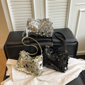 Women Sequin Shoulder Bag Shiny Underarm Bag Fashionable Party Travel Style With Zipper Closure Handbag