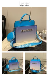 Detailed view of light blue ombre Boston bag with branded nylon strap and mini pouch
