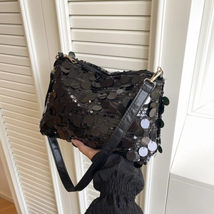 Fashionable black sequin shoulder bag with leather strap and gold metal hardware for women