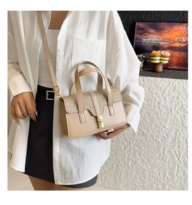 Detail of beige handbag with sequined flap and gold buckle worn as a crossbody bag