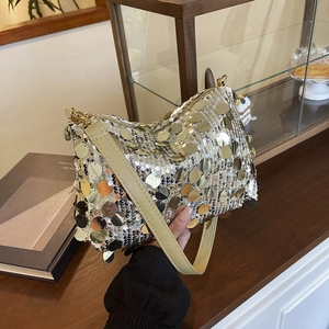 Sparkly gold and silver sequin shoulder bag with beige leather strap for women
