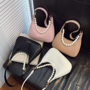Women Hobo Shoulder Bag PU Leather Half Moon Shape With Faux Artificial Pearl Chain Handle And Adjustable Strap Fashion Elegant