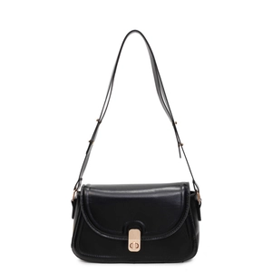 Minimalist black leather shoulder bag with elegant gold vertical twist lock hardware