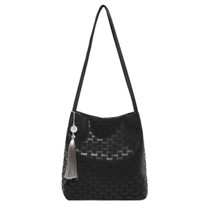 Large black leather bucket tote bag with repeated silver letters and long tassel charm