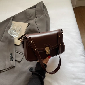 Minimalist vintage dark brown shoulder bag with golden metallic lock for women