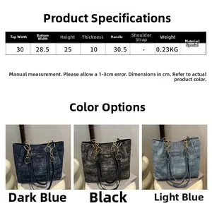 Size chart and dimensions for large capacity tote bags in dark blue, black, and light blue
