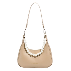Beige half-moon hobo bag with large pearl chain and adjustable shoulder strap