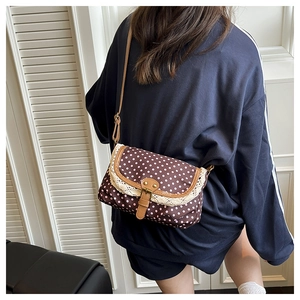 Close-up of brown canvas shoulder bag with pink polka dots and lace trim details