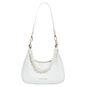 Minimalist white hobo bag with pearl chain and fashion letter print for women