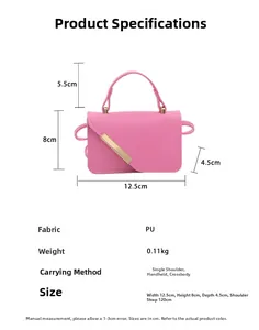 Detailed size parameters of pink mini PU crossbody bag with golden metal hardware