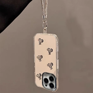Mirror finish cherry iPhone case with sparkling diamond-studded strap and luxury silver accents
