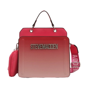 Pink gradient tote bag with rhinestone logo and wide logo strap on white background