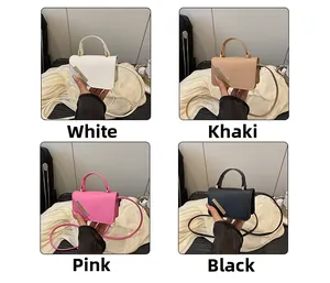 Collage showing mini crossbody bags in white, khaki, pink, and black with metal decor