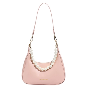 Elegant pink half-moon shoulder bag with pearl handle and detachable strap on white background