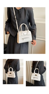 Three-angle view of a white Boston bag worn with a blazer for a chic city style