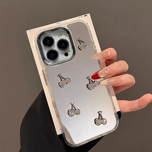 Macro view of mirror cherry design phone case with silver rhinestones for iPhone