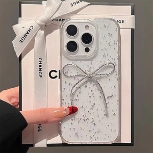 Detail of silver bow and glitter flakes on a transparent iPhone case in a gift box