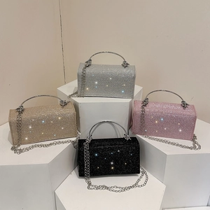 Women Rhinestone Evening Bag Glitter Clutch Handbag Metal Ring Handle Chain Strap Party Prom Wedding