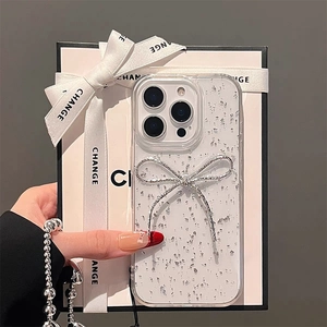 Sparkly silver glitter bow clear case for iPhone 16 Pro Max with metallic finish