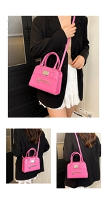 Pink PU leather tote bag shown from front side and back views by model