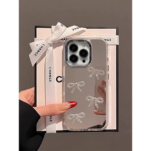 Silver mirror iPhone case with rhinestone bowknots shown in a luxury gift box setting