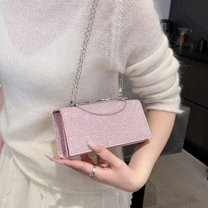 Sparkly pink rhinestone evening clutch bag with silver top handle and chain strap for women