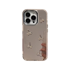 Mirror finish iPhone case with 3D rhinestone cherry charms and clear edges