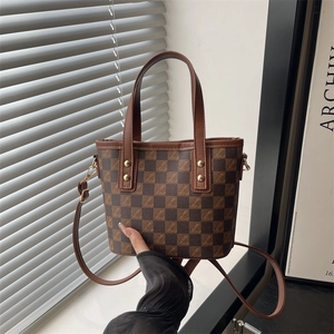 Classic checkered mini bucket bag with leather handles and gold metal rivets