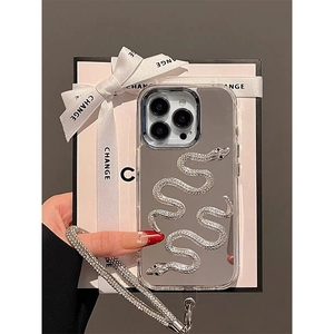 Mirror silver snake iPhone case for 16 Pro Max with luxury rhinestone wrist strap charm