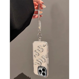 Silver 3D snake mirror phone case for iPhone 16 Pro Max with crystal wrist strap