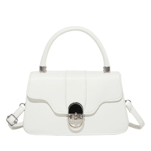 Minimalist white faux leather shoulder bag with silver ring clasp and top handle design
