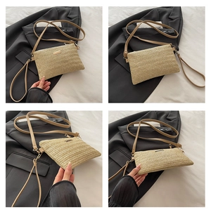 Macro detail of beige woven texture and metallic accent on minimalist envelope clutch bag