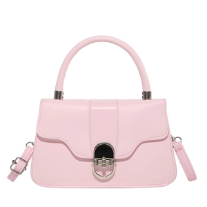 Pale pink faux leather underarm bag with wavy flap and silver metallic buckle closure