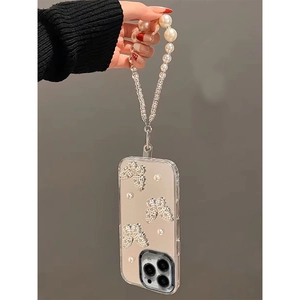 Mirror plating iPhone case with 3D diamond butterflies and elegant pearl wrist strap